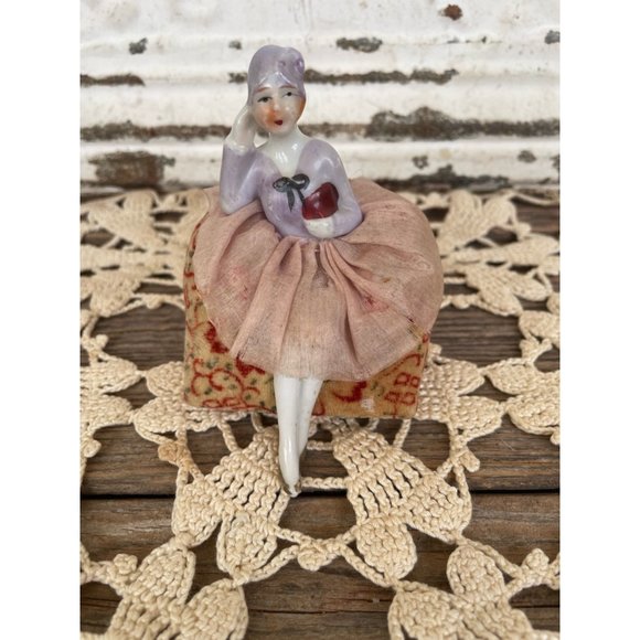 Antique Bathing Beauty Type Pincushion Half Doll Legs Out On A CHair - Picture 1 of 12